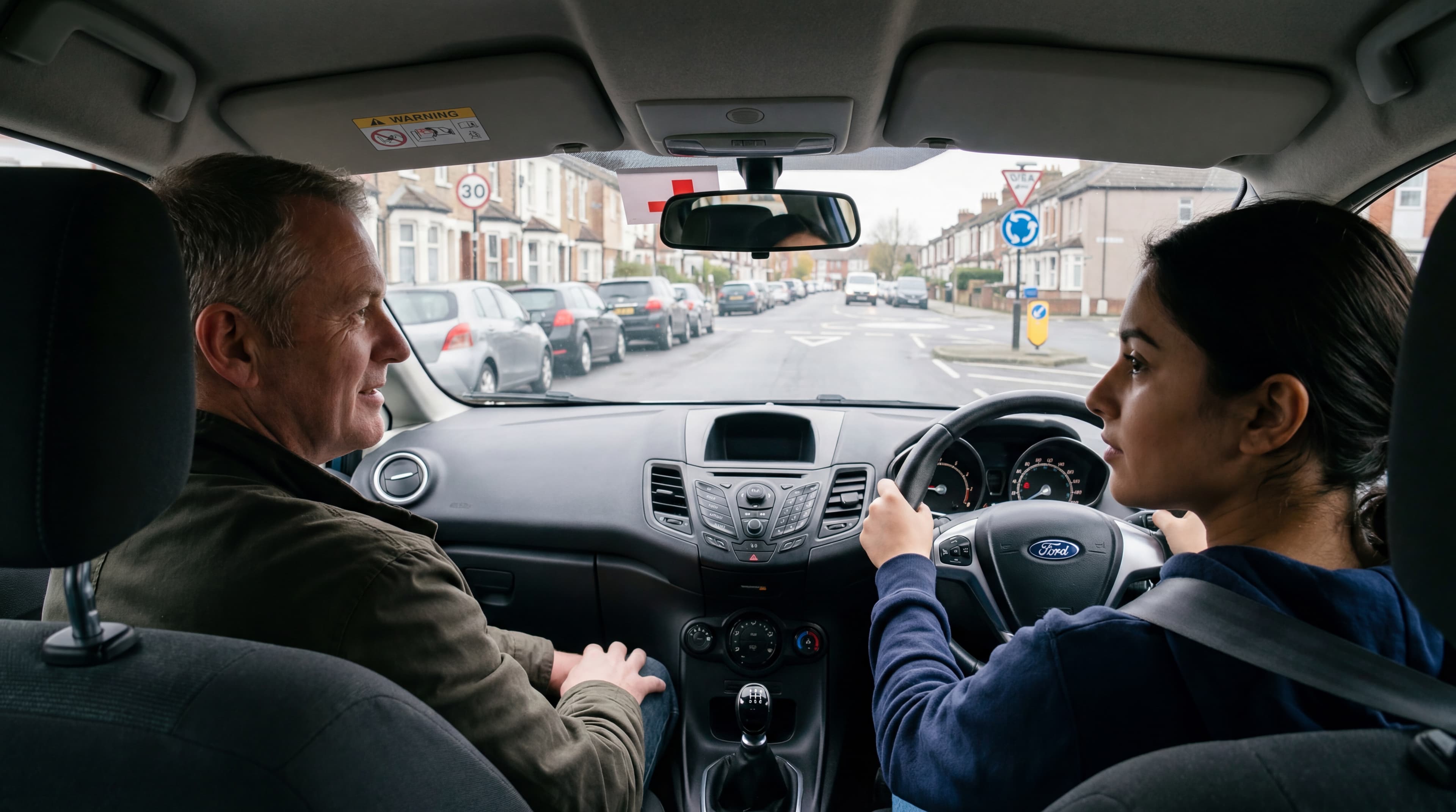 Instructor and learner during a driving lesson in a UK dual-control car
