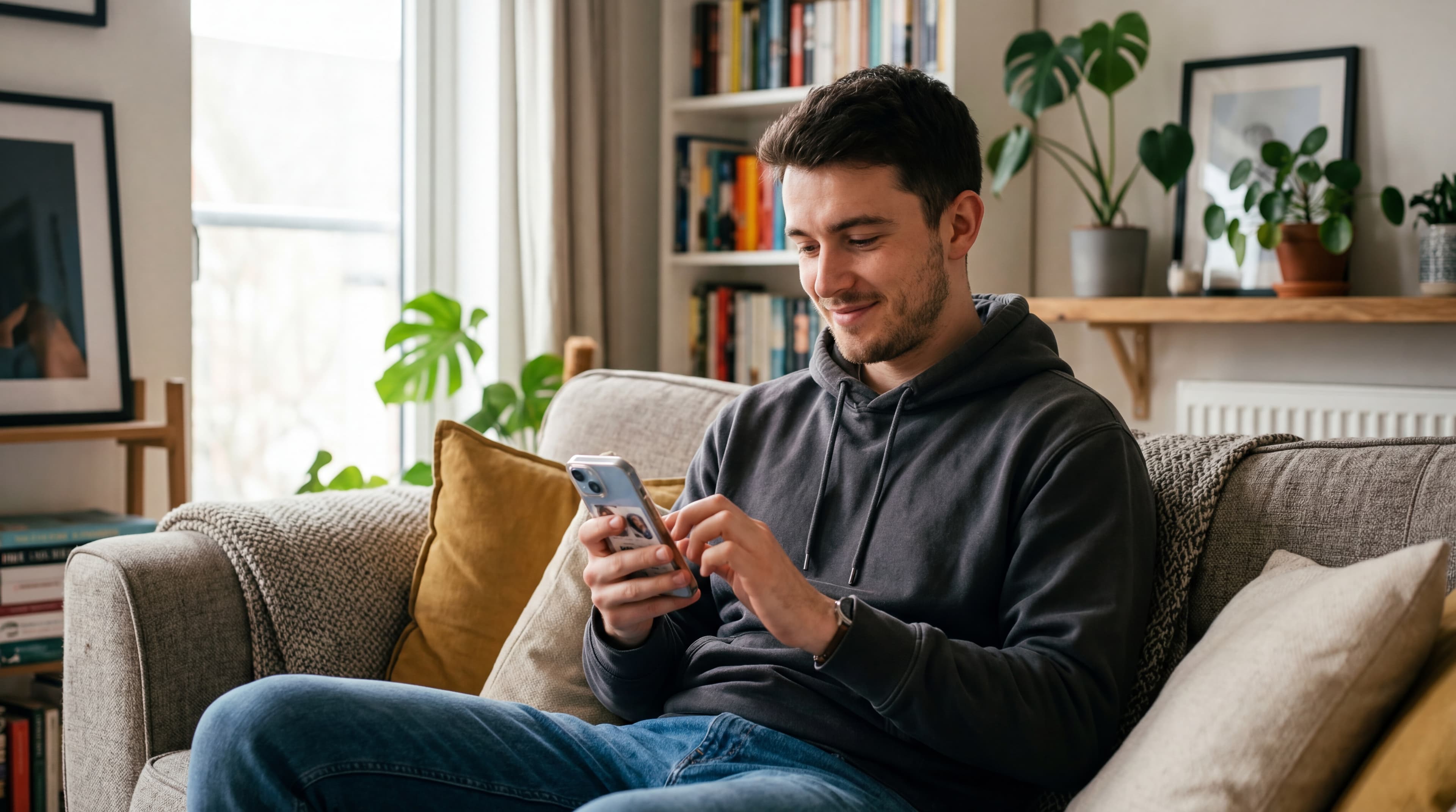 Young man browsing driving instructors on his phone from the sofa