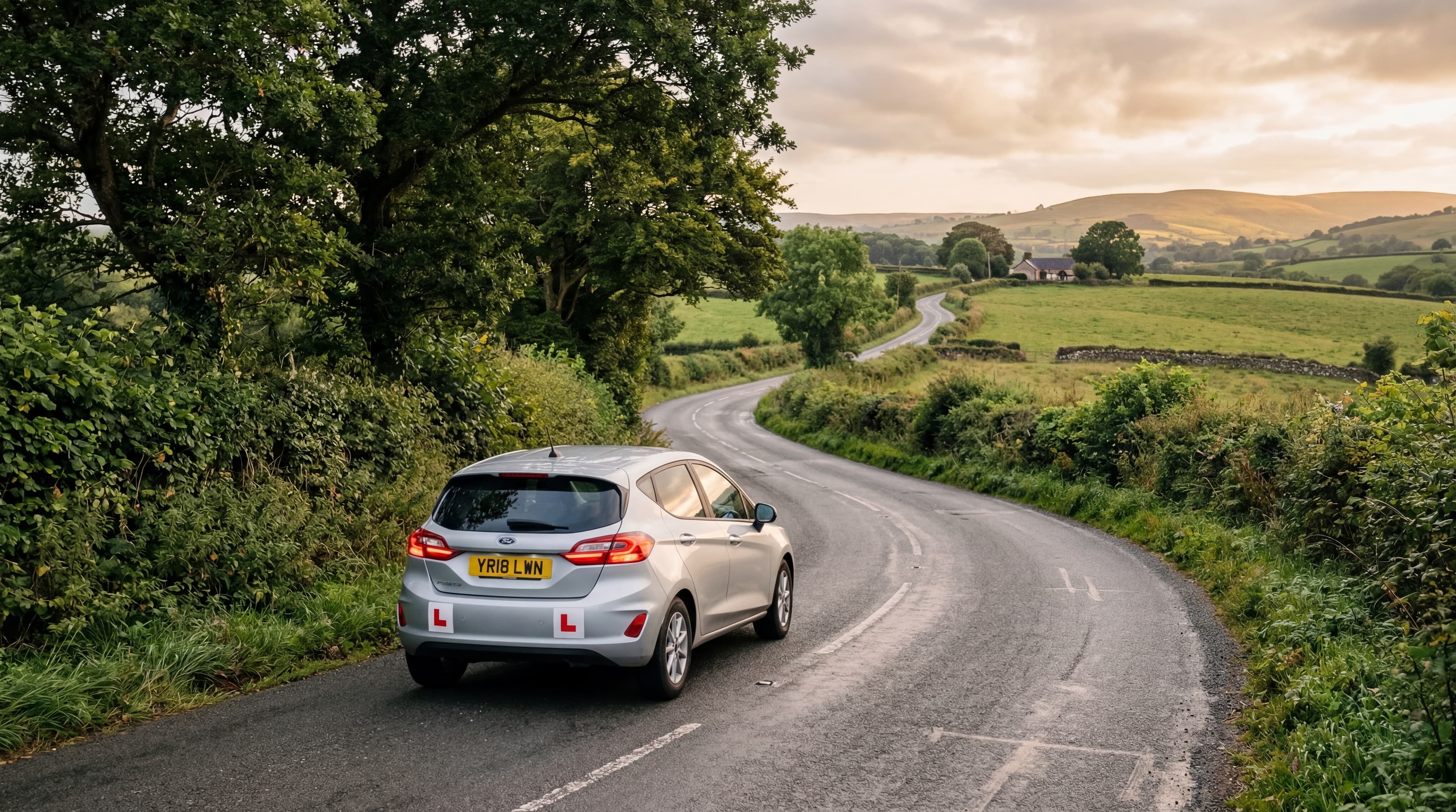 Learner car driving along a scenic UK country road
