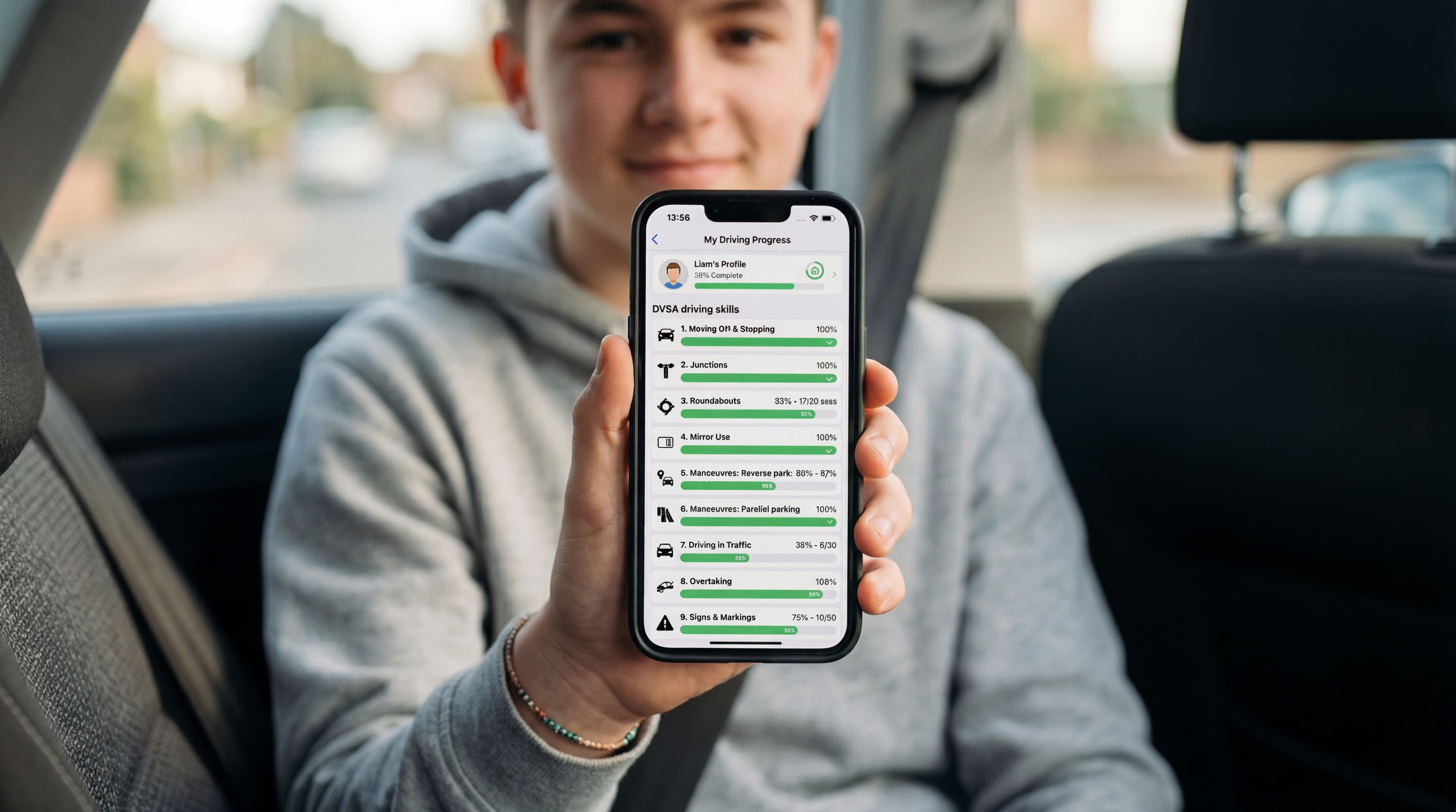 Learner showing their DVSA driving progress tracker on a phone